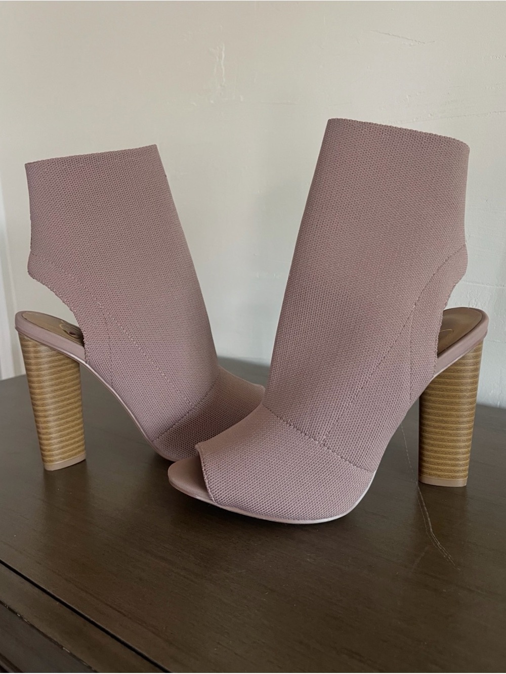 Peep-Toe Block Heel Booties in Dusty Rose